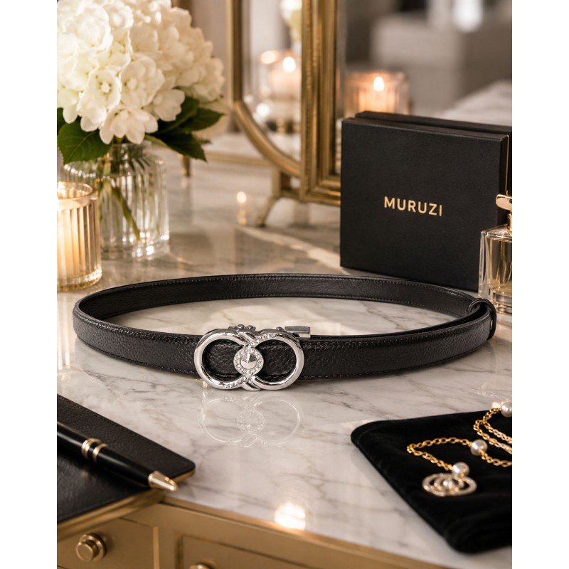 CC118Ceinture en cuir pleine fleur noir avec boucle automatique infini argentée CC118Ceinture en cuir pleine fleur noir avec boucle automatique infini argentée