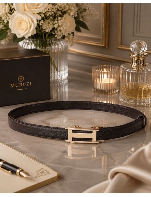 Ceinture  en cuir pleine fleur marron chocolat avec boucle automatique dorée