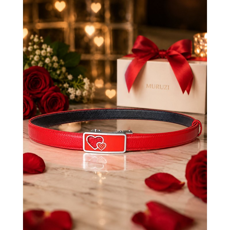 CC107 Ceinture en cuir pleine fleur rouge avec boucle automatique cœur rouge CC107 Ceinture en cuir pleine fleur rouge avec boucle automatique cœur rouge