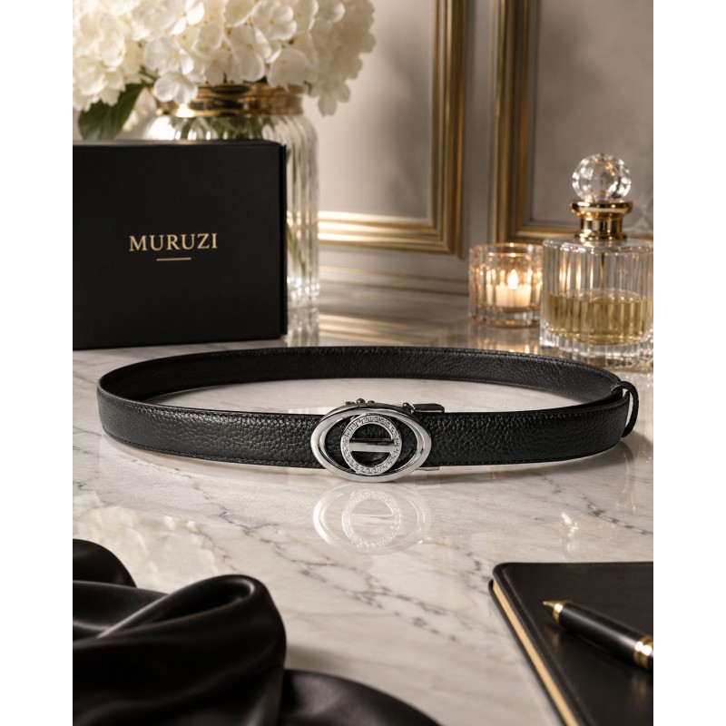 CC120b Ceinture en cuir pleine fleur noir avec boucle automatique ovale argentée brillante CC120b Ceinture en cuir pleine fleur noir avec boucle automatique ovale argentée brillante