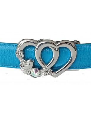CC136 Ceinture  en cuir pleine fleur bleu turquoise avec boucle automatique infini argentée avec  brillant central.