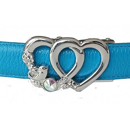 CC136 Ceinture  en cuir pleine fleur bleu turquoise avec boucle automatique infini argentée avec  brillant central.