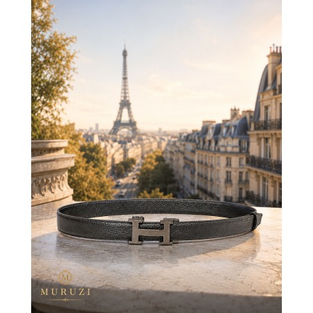 Ceinture  en cuir avec boucle automatique décor H noir