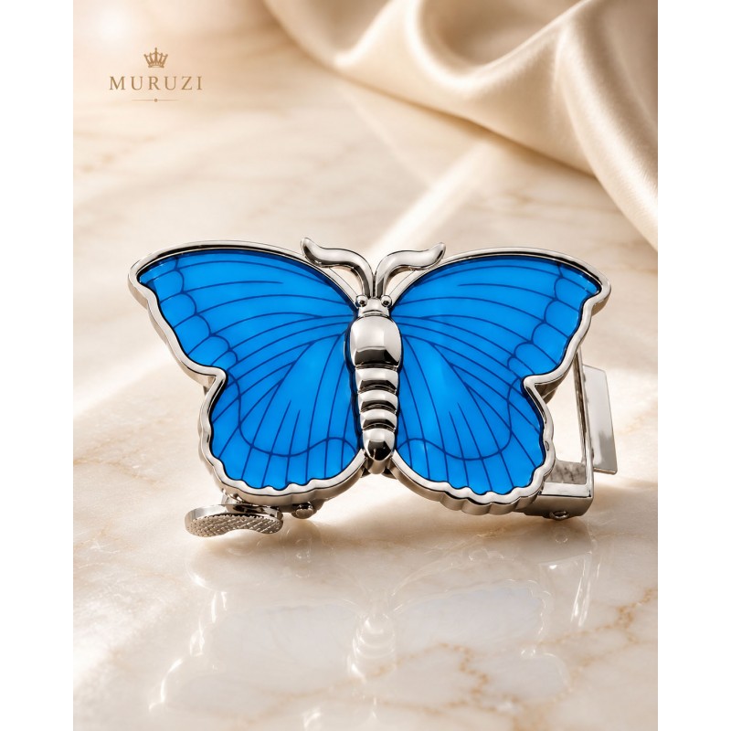 Boucle automatique femme grand papillon bleu argenté Boucle automatique femme grand papillon bleu argenté