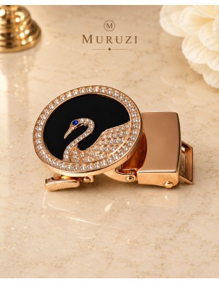 Boucle ronde dorée décor cygne avec brillants  pour ceinture Femme Lady à fermeture automatique