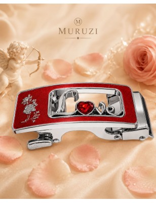 Boucle argentée décor rouge love pour ceinture Femme Lady à fermeture automatique