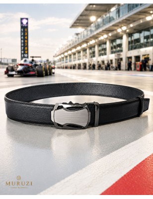Ceinture homme MURUZI en cuir pleine fleur noir avec boucle automatique sans trou, collection LES CLASSIQUES.
