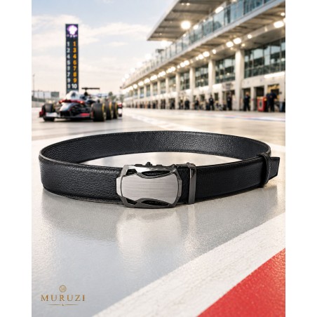 Ceinture homme MURUZI en cuir pleine fleur noir avec boucle automatique sans trou, collection LES CLASSIQUES.
