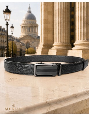 Ceinture en cuir pleine fleur avec boucle automatique décor plaque grise avec bande noire centrale brillante.