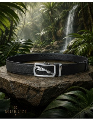 Ceinture homme cuir pleine fleur noir sans trou – Boucle 502 Panthère argentée MURUZI