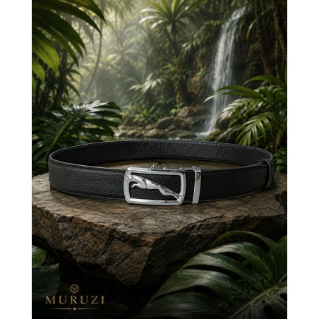 Ceinture homme cuir pleine fleur noir sans trou – Boucle 502 Panthère argentée MURUZI