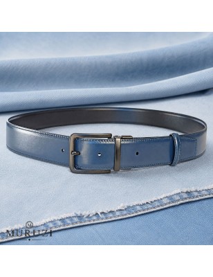 Ceinture réversible MURUZI en cuir pleine fleur face bleu et intérieur noir, prête à porter avec boucle traditionnelle .
