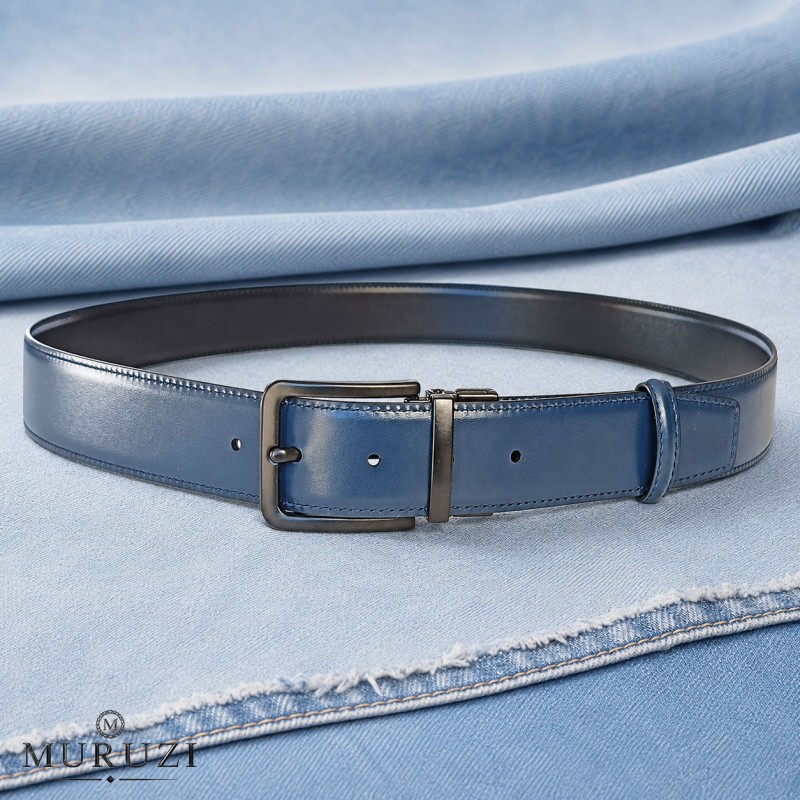 CCR01 Ceinture prête à porter réversible cuir pleine fleur bleu et noir CCR01 Ceinture prête à porter réversible cuir pleine fleur bleu et noir