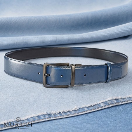 Ceinture réversible MURUZI en cuir pleine fleur face bleu et intérieur noir, prête à porter avec boucle traditionnelle .