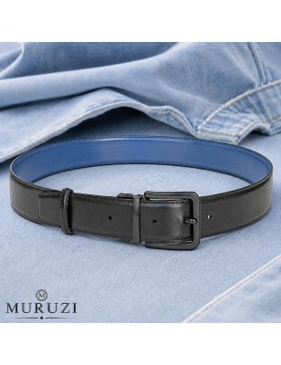 Ceinture réversible MURUZI en cuir pleine fleur face  noire et intérieur  bleu, prête à porter avec boucle traditionnelle .