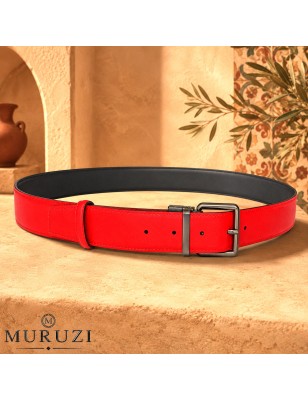 Ceinture réversible MURUZI en cuir pleine fleur extérieur rouge et intérieur noir, prête à porter