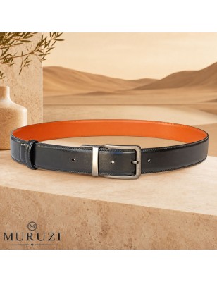 Ceinture réversible MURUZI en cuir pleine fleur extérieur noir et intérieur camel, prête à porter