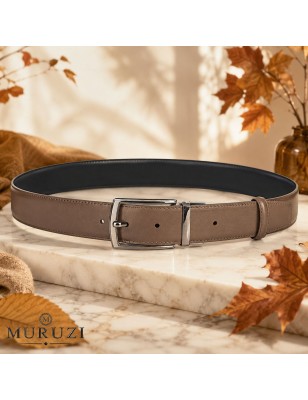 Ceinture réversible MURUZI en cuir pleine fleur marron et noir, prête à porter avec boucle traditionnelle.