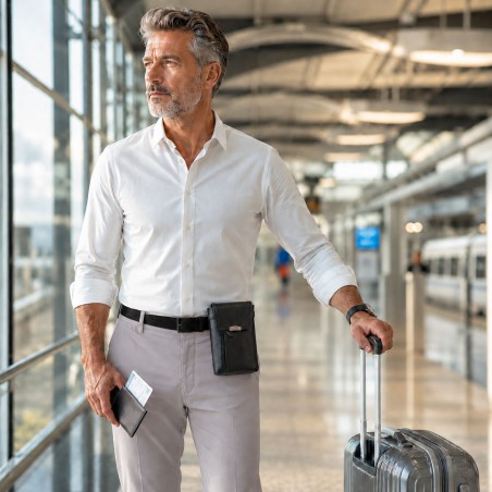 LE NOMADE de MURUZI, pochette homme en cuir pleine fleur avec protection RFID, portée à la ceinture.